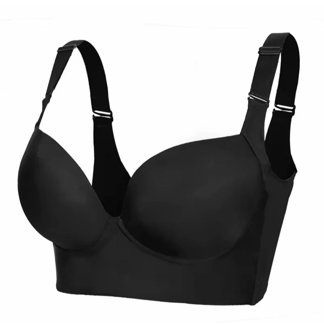 Black push-up shaping bra with seamless design for smooth support and comfort.