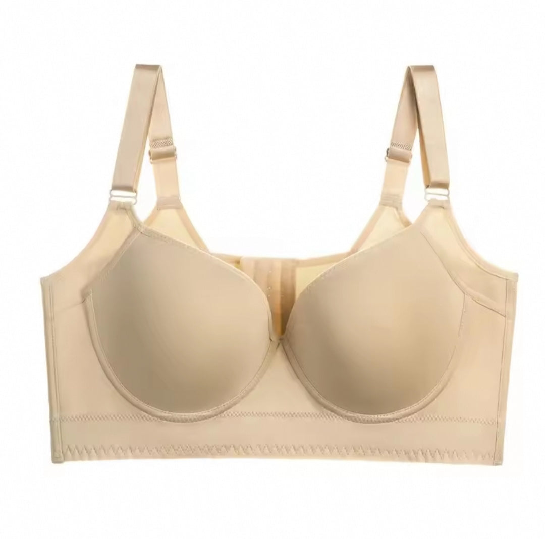 Light beige push-up shaping bra featuring seamless design, back support, and comfortable adjustable straps.