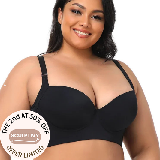 Smiling woman wearing a black push-up shaping bra, promoting flattering lift and comfort. Offer: 2nd at 50% off.