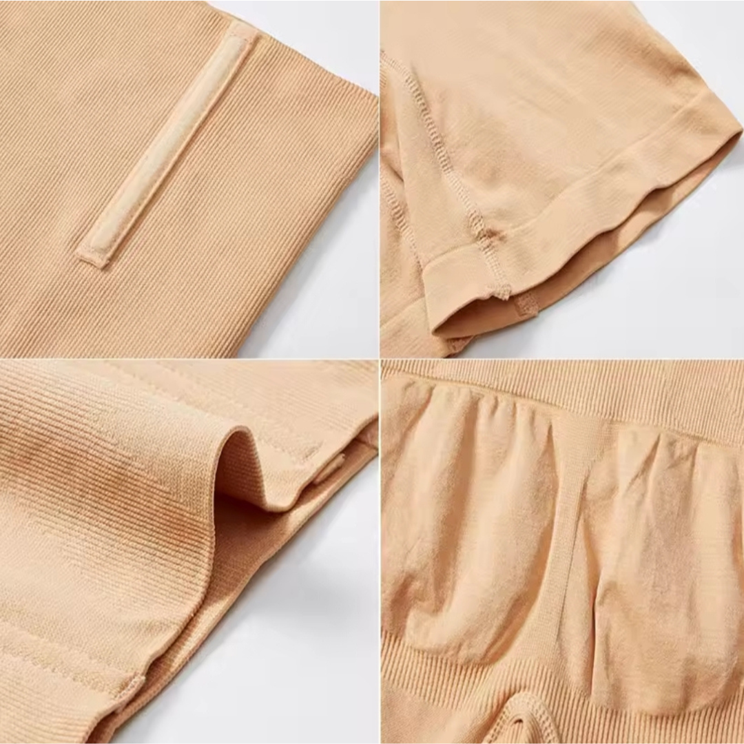 Close-up details of a high-waist sculpting girdle highlighting the seamless design and soft fabric.