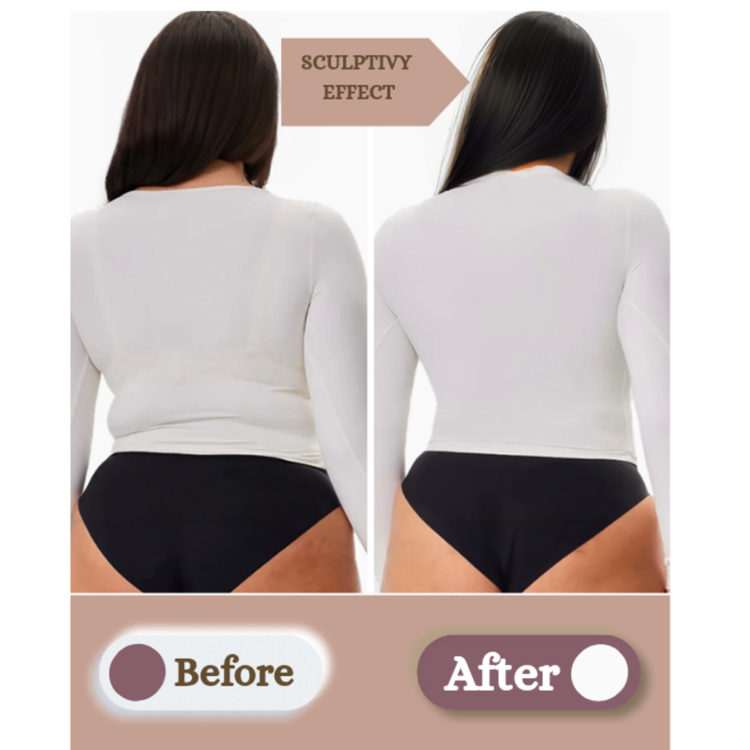 Before and after comparison showing the sculpting effect of the shaping bra on back and sides.