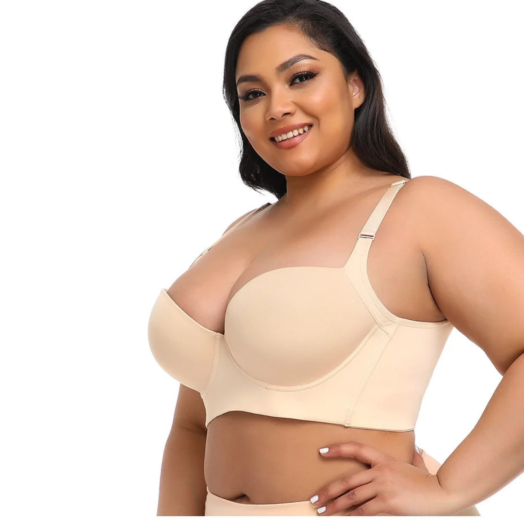 Model wearing a beige push-up shaping bra offering seamless support and a flattering lift.