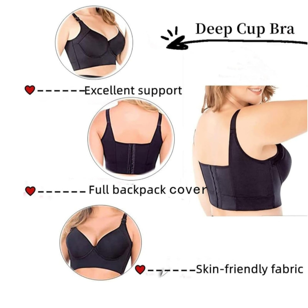 Deep cup bra showcasing excellent support, full backpack cover, and skin-friendly fabric for comfort.
