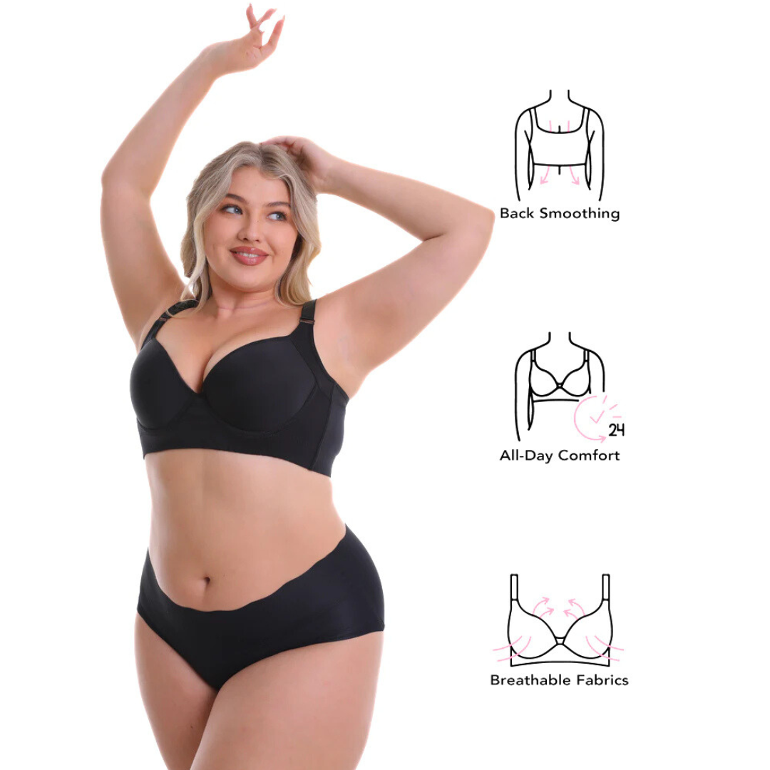 Model wearing a push-up shaping bra showcasing back smoothing, all-day comfort, and breathable fabrics.