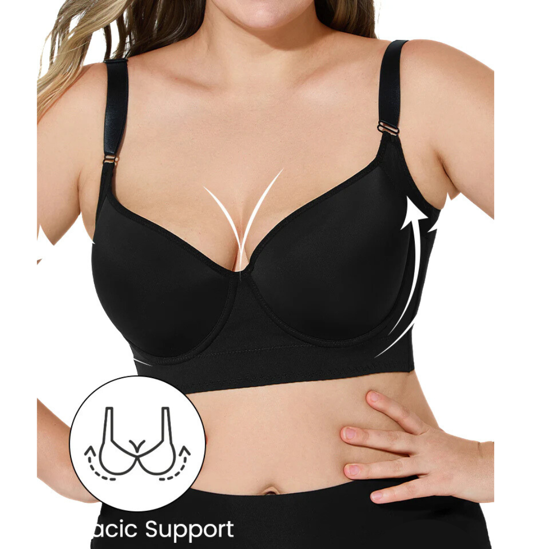 Black push-up shaping bra providing lift and side smoothing support for all-day comfort and flattering fit.