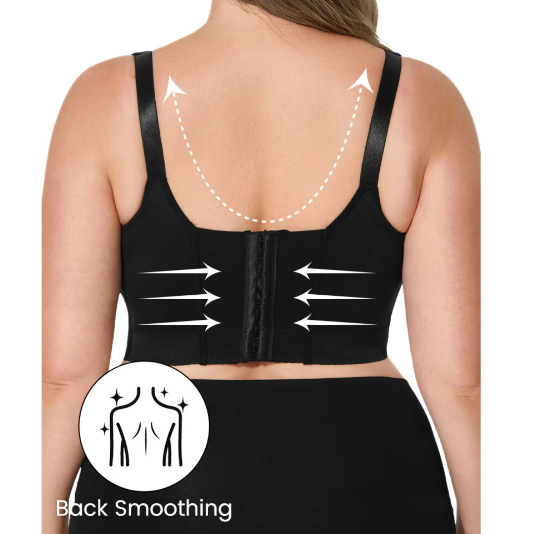 Back view of a woman's black push-up shaping bra, highlighting back smoothing features and design elements.