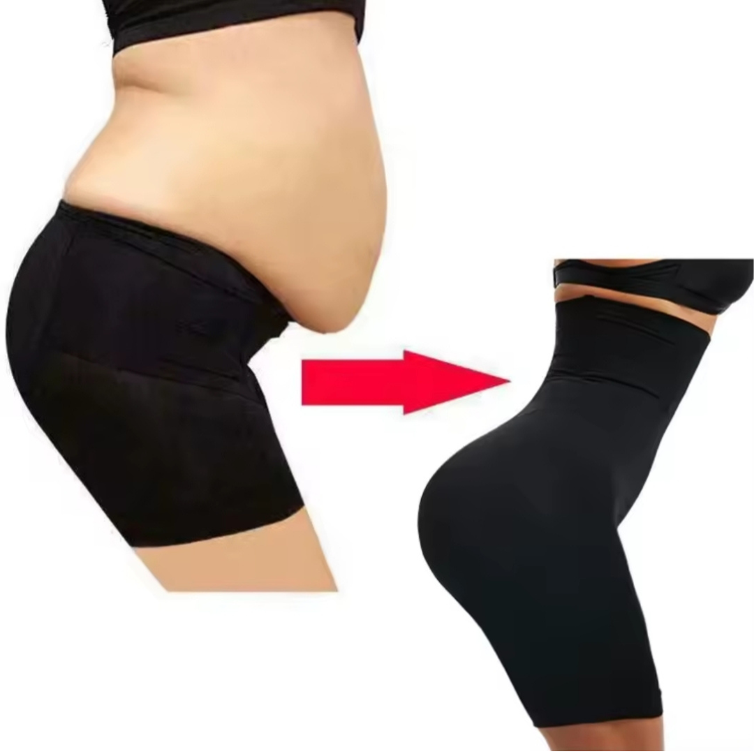 Before and after image of high-waist sculpting girdle showing tummy smoothing effect and enhanced silhouette.